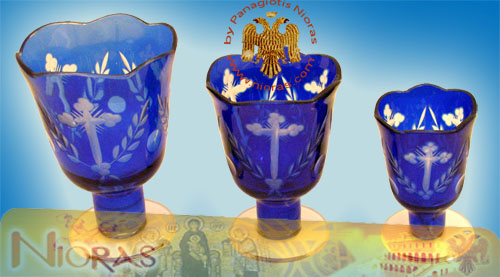Romanian Orthodox Glass Votives Cups Hand Carved Crosses with Standing Base in Blue Colour